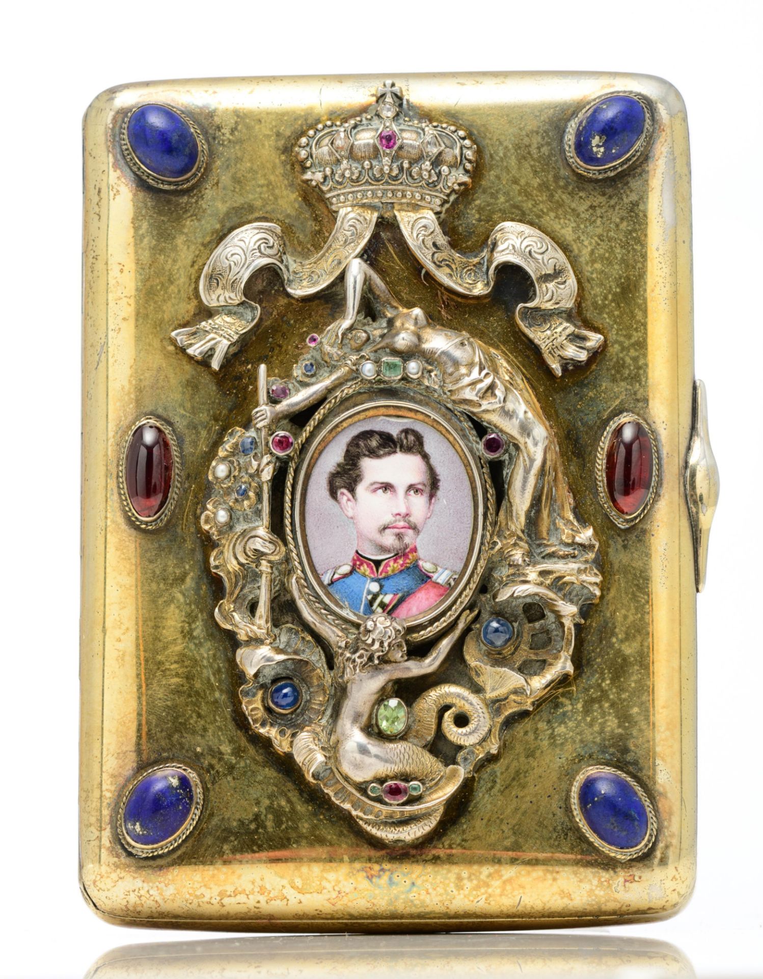 A Russian vermeil silver cigarette case, decorated with a crowned miniature portrait of Ludwig II of - Image 2 of 6