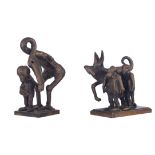 Claerhout J., two patinated bronze fantastic figures, one titled: 'Als de tweeling uit wandelen gaat
