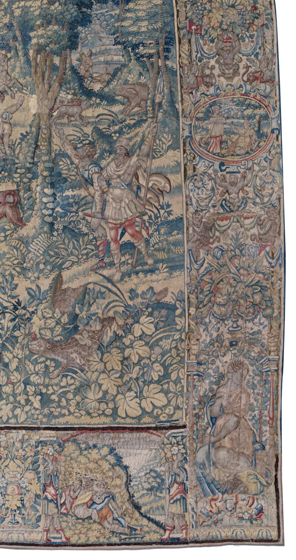 A Flemish wall tapestry, depicting wild boar hunting scenes, the border richly decorated with variou - Bild 26 aus 26