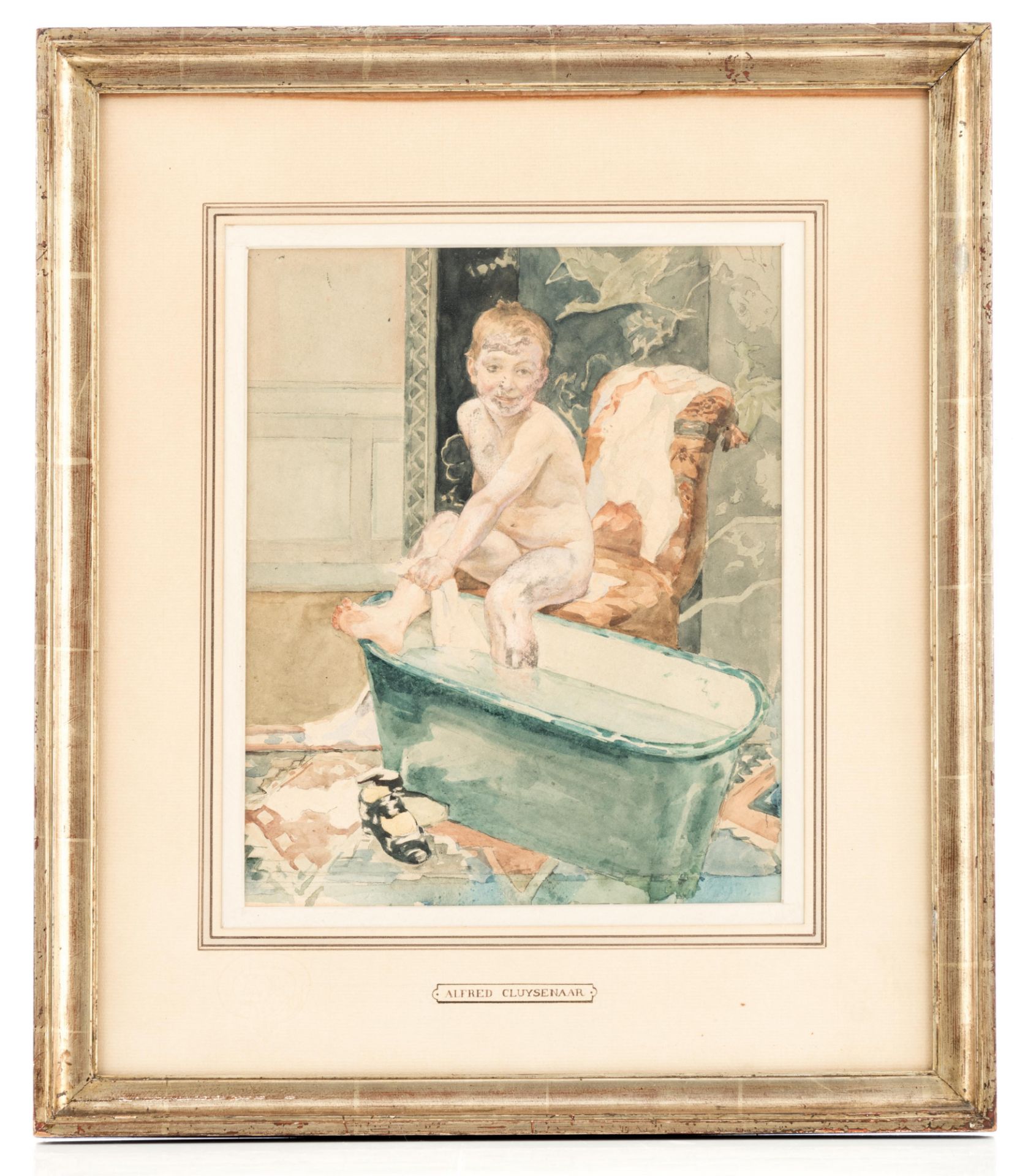 No visible signature, attributed to Cluysenaar A., a boy in the bathtub, pencil and watercolour on p - Image 2 of 6