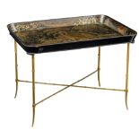 A Napoleon III tea table, the top with a lacquered chinoiserie scene of figures in a landscape, on b