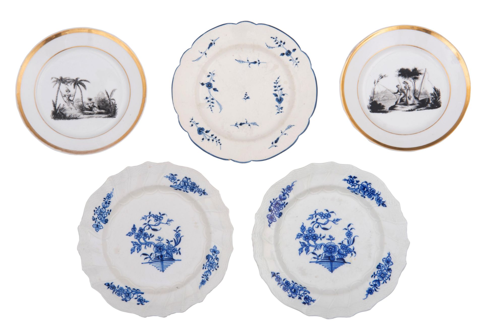 Two gilt decorated porcelain dishes, with a very fine hand-painted grisaille depicting gallant scene