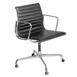 A black leather Eames EA108 alugroup chair, design for ICF, H 87 - W 56 cm