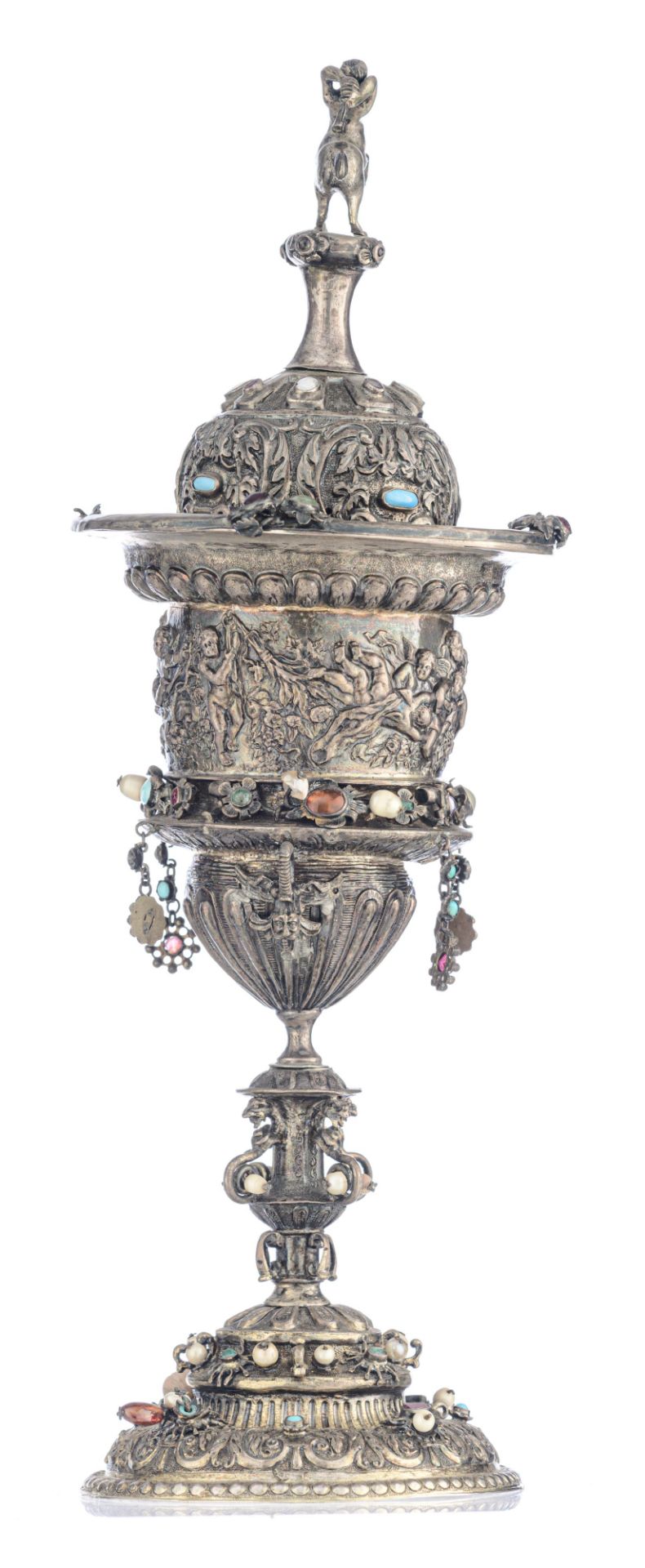 A richly decorated Renaissance style presentation cup on a matching platter, all over decorated by t - Image 3 of 13