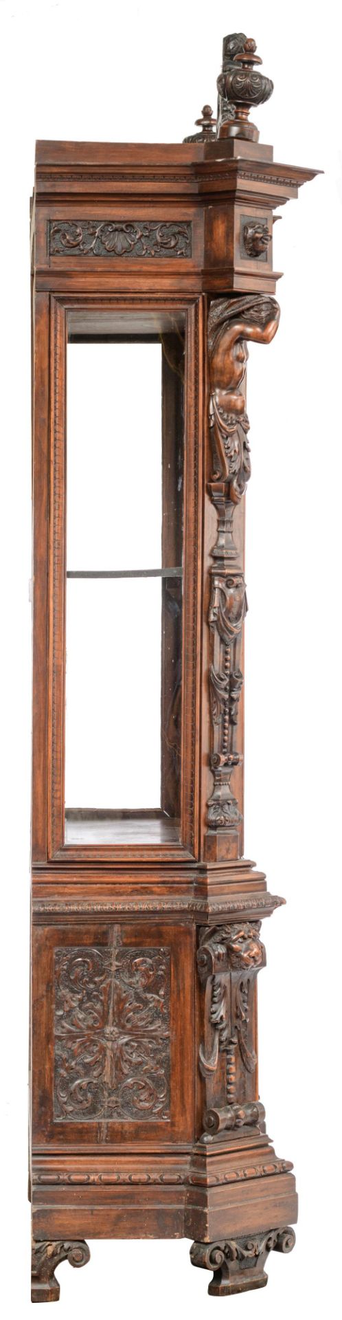 A richly sculpted walnut Renaissance style display cabinet, decorated with scrollwork, lion heads an - Image 5 of 12