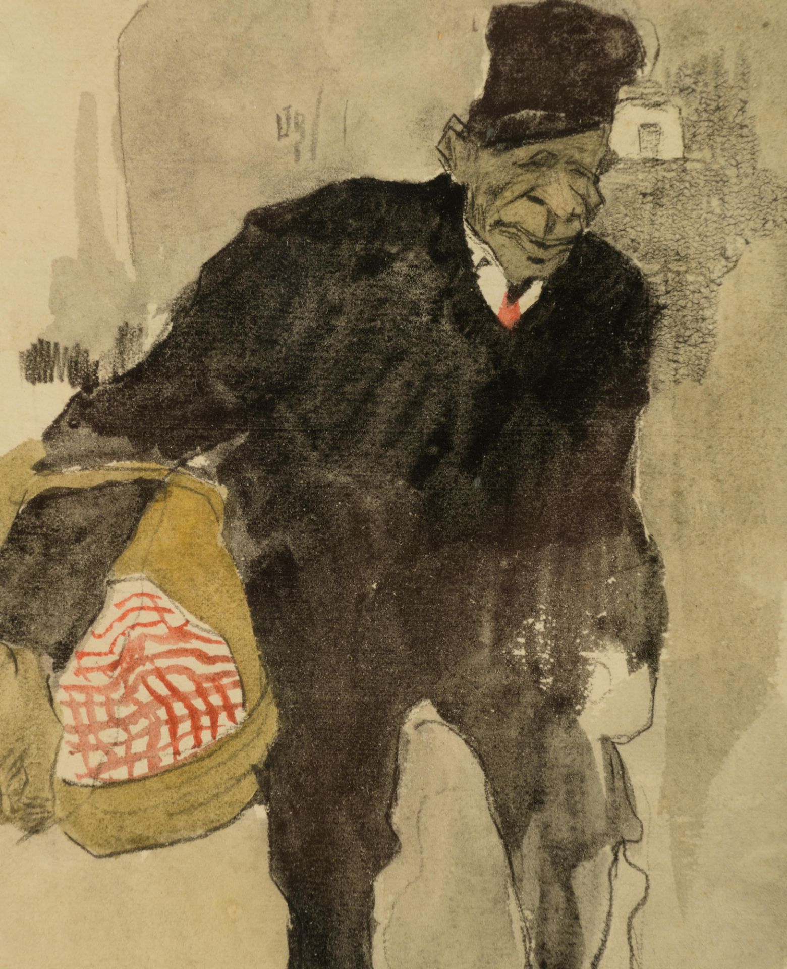 Monogrammed J.D.B. (Jules De Bruycker), a male figure holding a basket, pencil and watercolour on pa - Bild 5 aus 6