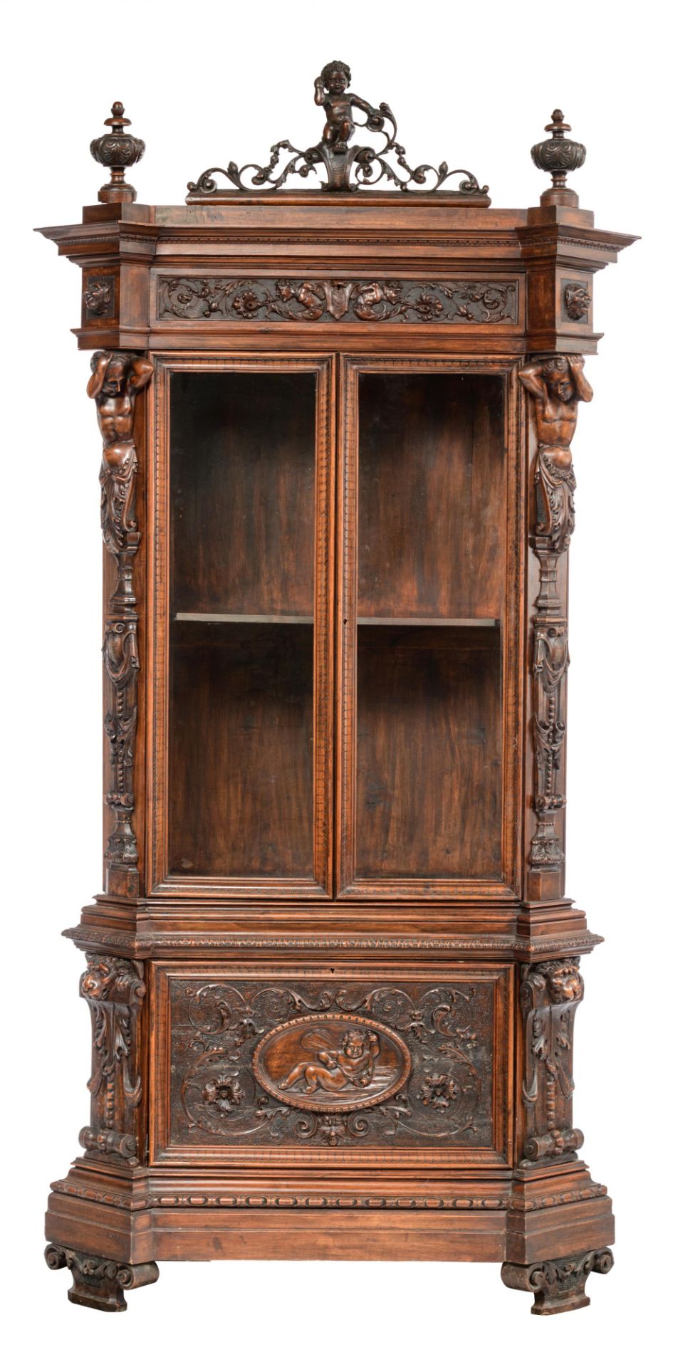 A richly sculpted walnut Renaissance style display cabinet, decorated with scrollwork, lion heads an - Image 2 of 12