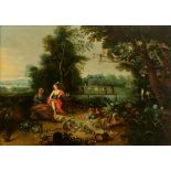 Jan II Bruegel (signed), 'Pomona and Vertumnus', mid 17thC, oil on an oak panel, the panel with an A