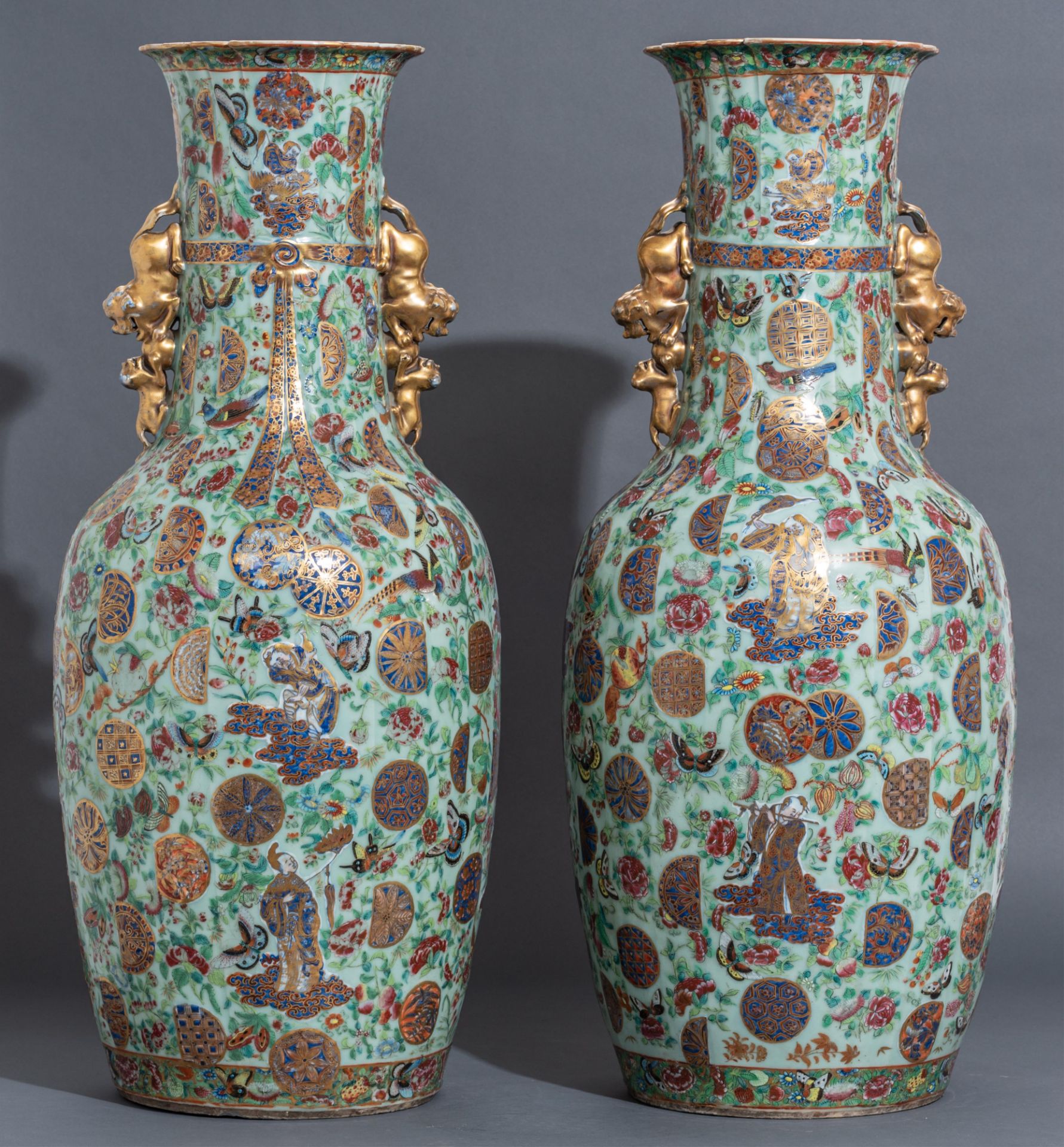 A pair of Chinese Canton famille rose on celadon ground vases, all over decorated with the Eight Imm - Bild 12 aus 21