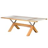 A beech and chromed steel dining table, with on top three crema luna marbles, design by Erik Deforce