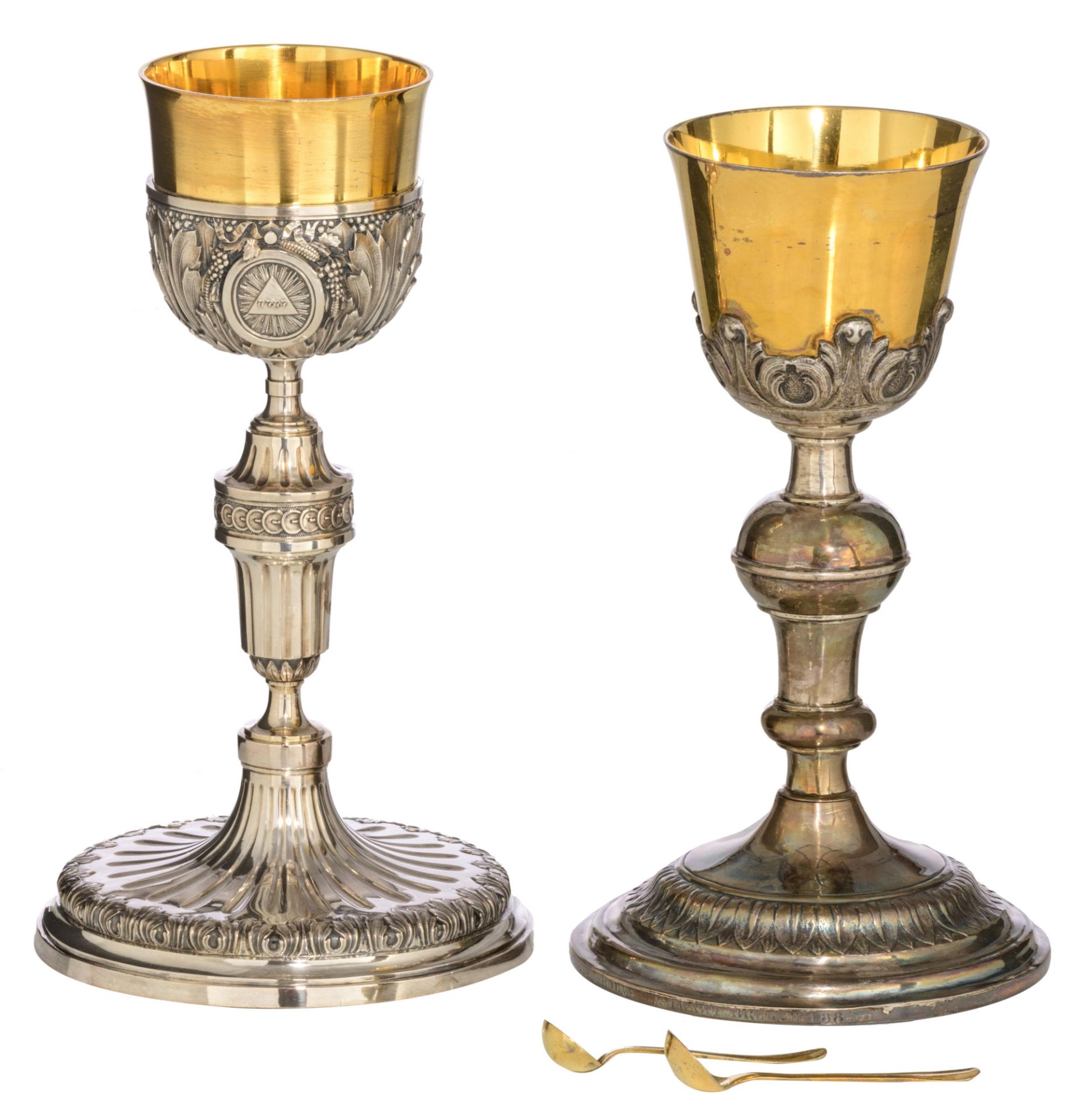 Two 19thC neoclassical relief decorated silver and gilt silver chalices: one weighing c. 612 g - H 2 - Image 8 of 14