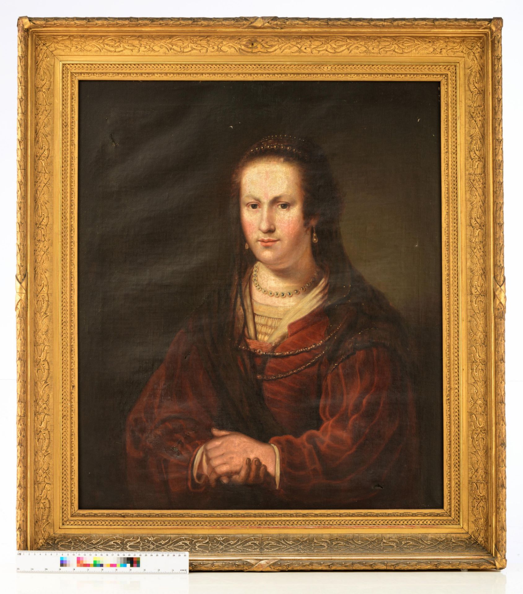 No visible signature, the portrait of a noble lady with a pearl necklace, 17th/18thC, oil on canvas, - Image 4 of 11