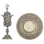 A richly decorated Renaissance style presentation cup on a matching platter, all over decorated by t