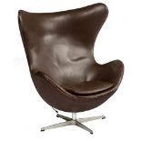 A brown leather upholstered 'Egg chair', design by Arne Jacobsen for the Republic of Fritz Hansen, '