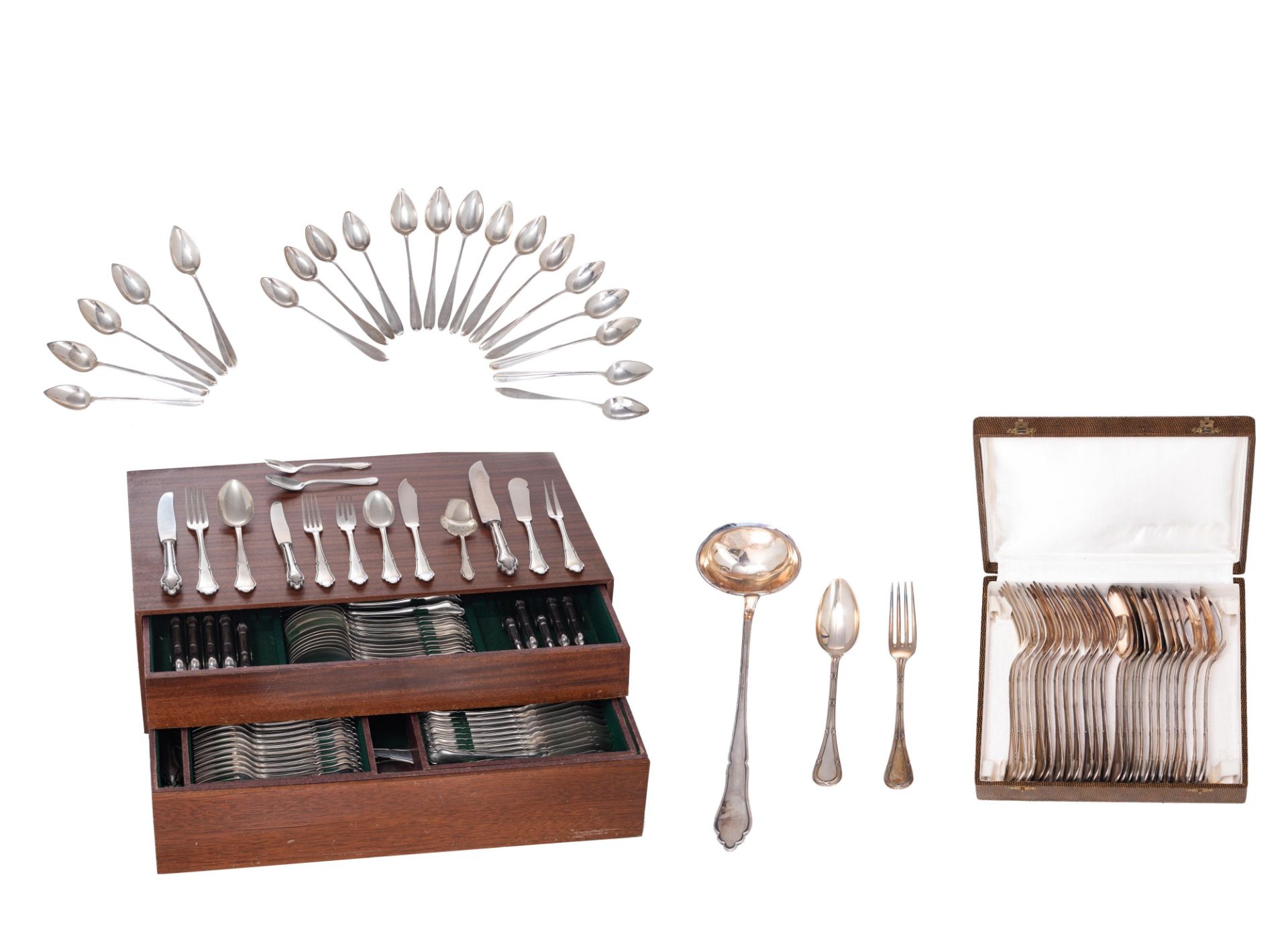 A silver cutlery set, containing twelve forks and twelve soup spoons, in a matching box, marked Delh