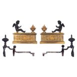 A pair of gilt and patinated Empire style chenets and andirons, the chenets decorated with female ma