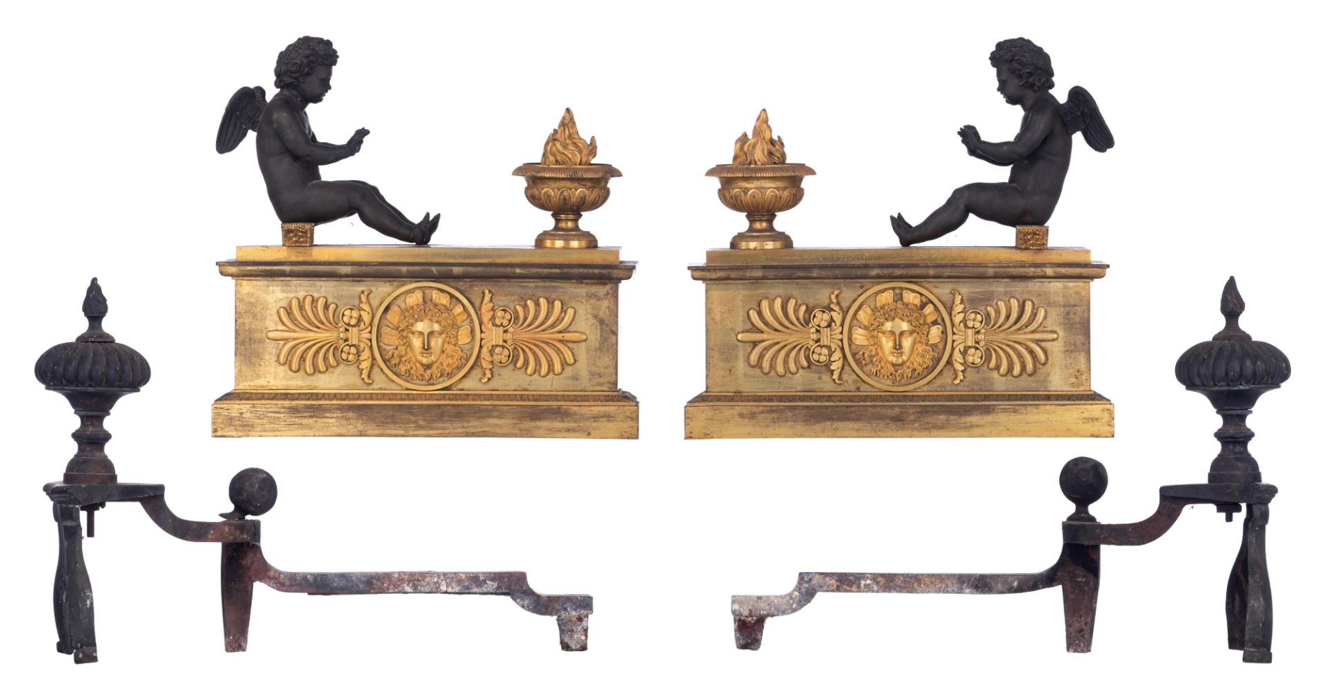 A pair of gilt and patinated Empire style chenets and andirons, the chenets decorated with female ma