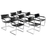 A set of eight design armchairs by Mart Stam for Linea Veam, chromed aluminium and black leather, H