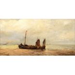 Permeke H.L., fishing boats waiting for the tide, the back with an authentification and seal mark of