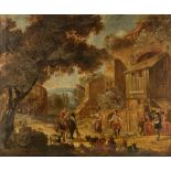 No visible signature, dancing shepherds before an inn, 17thC, oil on canvas, 96 x 115 cm