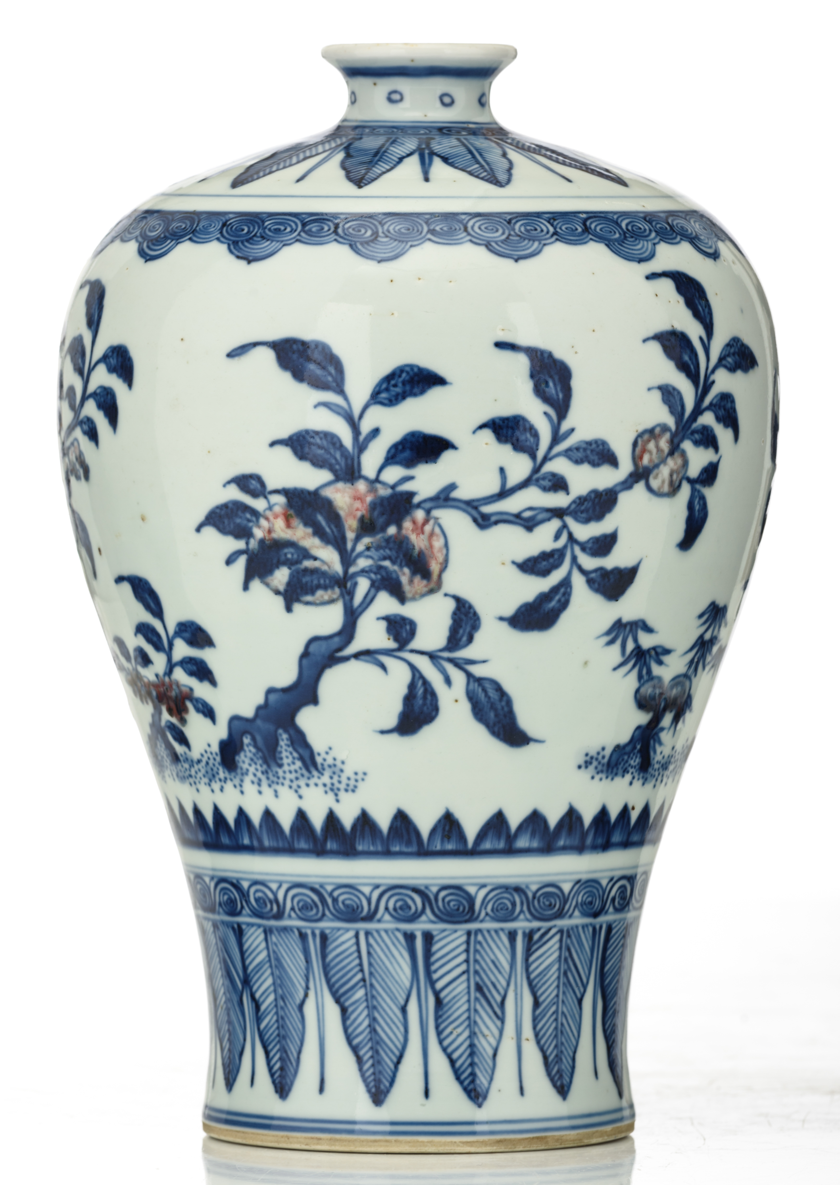 A Chinese copper-red and cobalt blue underglaze Meiping vase, decorated with peaches, Buddha's hands - Image 2 of 15