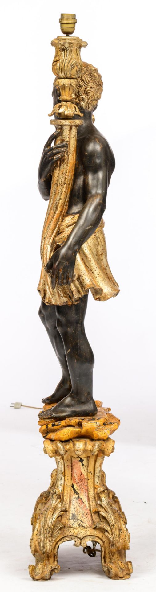 A polychrome and gilt painted blackamoor figure, holding a lamp, H 140 - 173 - W 35 cm - Bild 3 aus 6