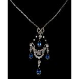 A Victorian sapphire and diamond pendant, the openwork panel set with rose- and brilliant-cut diamon