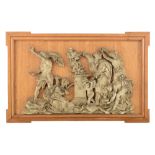A richly alto-relievo carved and patinated wooden mythological scene, depicting Tiresias appearing t