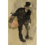 Monogrammed J.D.B. (Jules De Bruycker), a male figure holding a basket, pencil and watercolour on pa