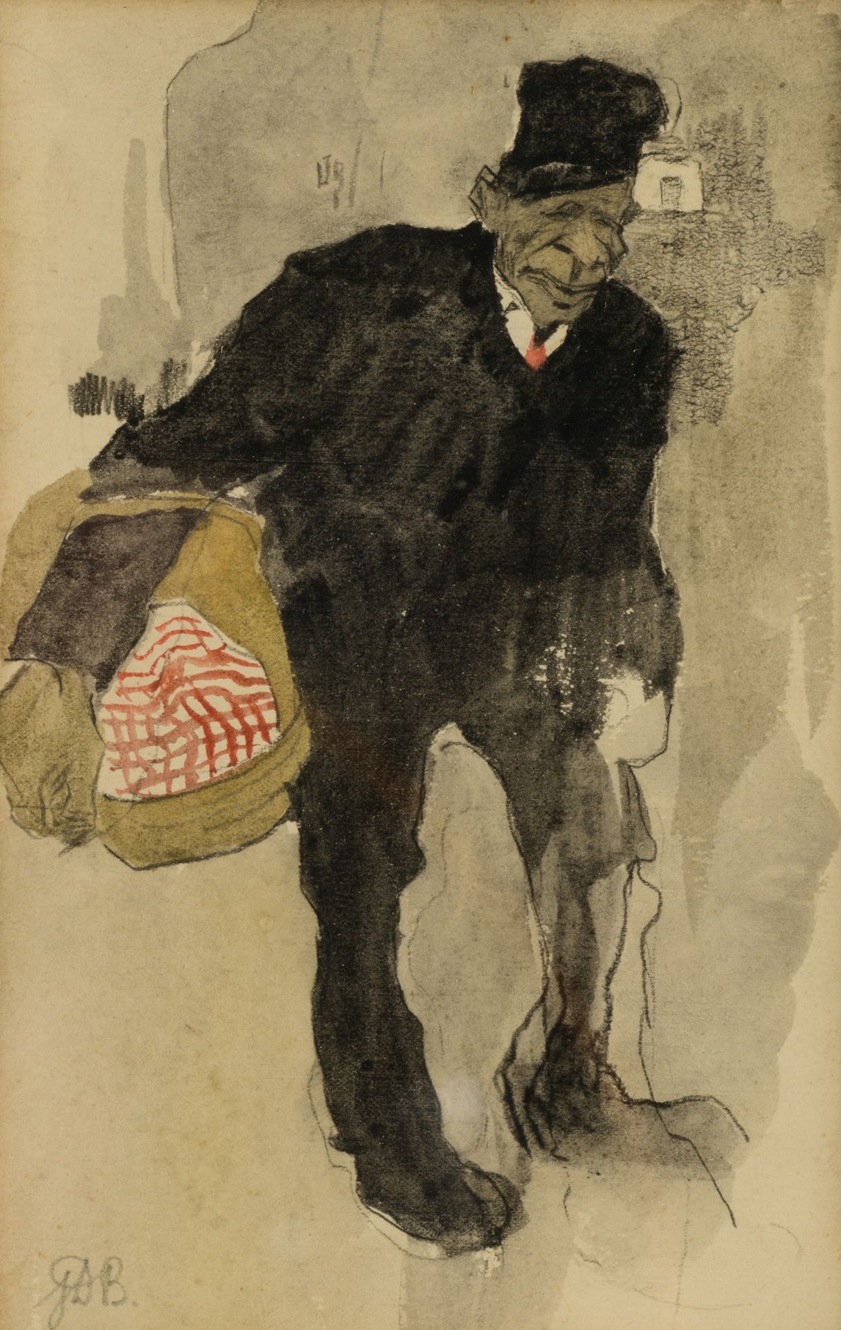 Monogrammed J.D.B. (Jules De Bruycker), a male figure holding a basket, pencil and watercolour on pa