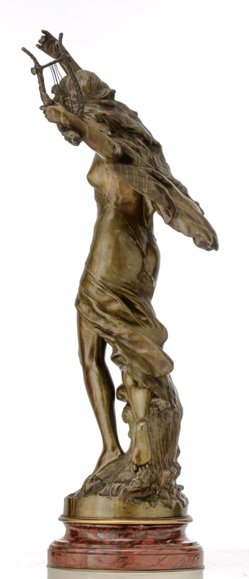 Moreau M., a beauty with a lyre, 'Hors Concours', with a 'M‚daille d'Honneur' mark, patinated bronze - Image 2 of 8