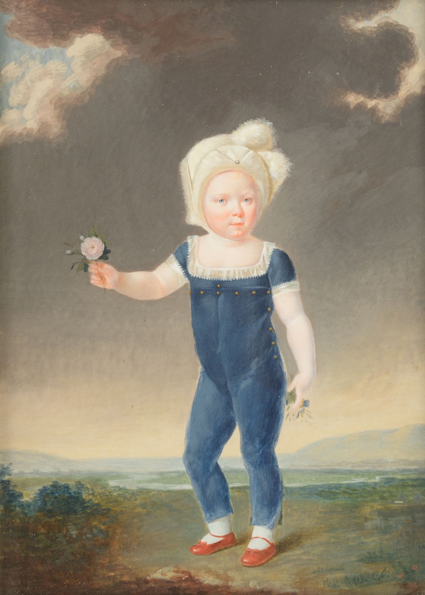 No visible signature, a child holding a flower, late 18thC / early 19thC, watercolour on cardboard,