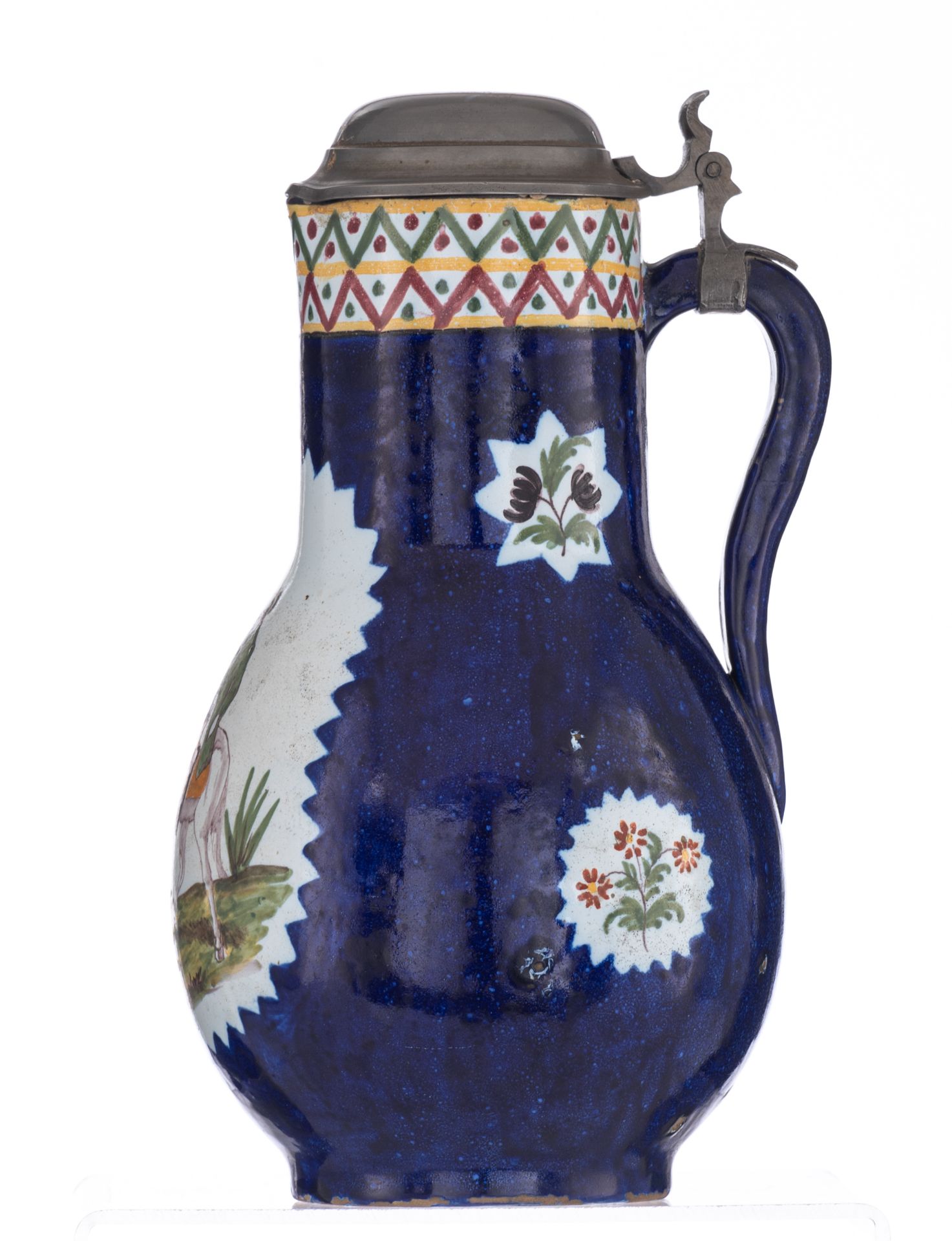 A cobalt glazed and polychrome decorated Brussels pottery jar with pewter mount, the roundel depicti - Image 2 of 8