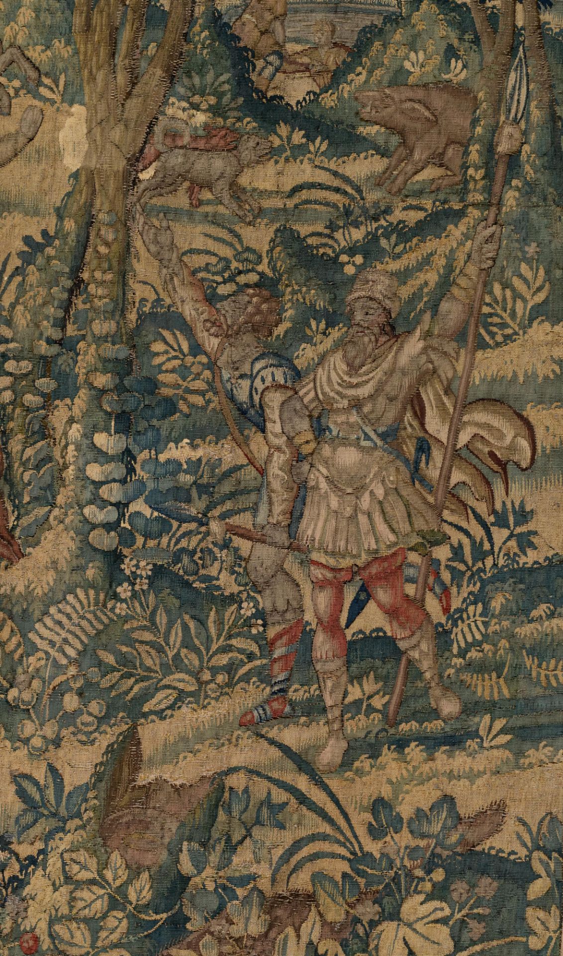 A Flemish wall tapestry, depicting wild boar hunting scenes, the border richly decorated with variou - Bild 2 aus 26