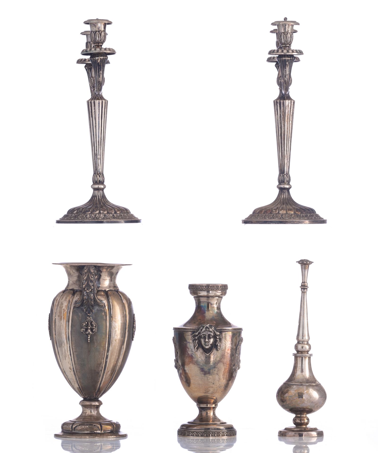 A pair of silver Neoclassical candlesticks, Belgian, maker's mark P.A., 800/000. Added: a silver Neo - Image 22 of 40