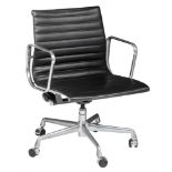 An Eames EA117 office chair, for Herman Miller, black leather on a chromed swivel base, H 82 - W 58,
