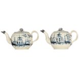 Two Whieldon creamware teapots, blue and white decorated with a chinoiserie, with silver mounts to t