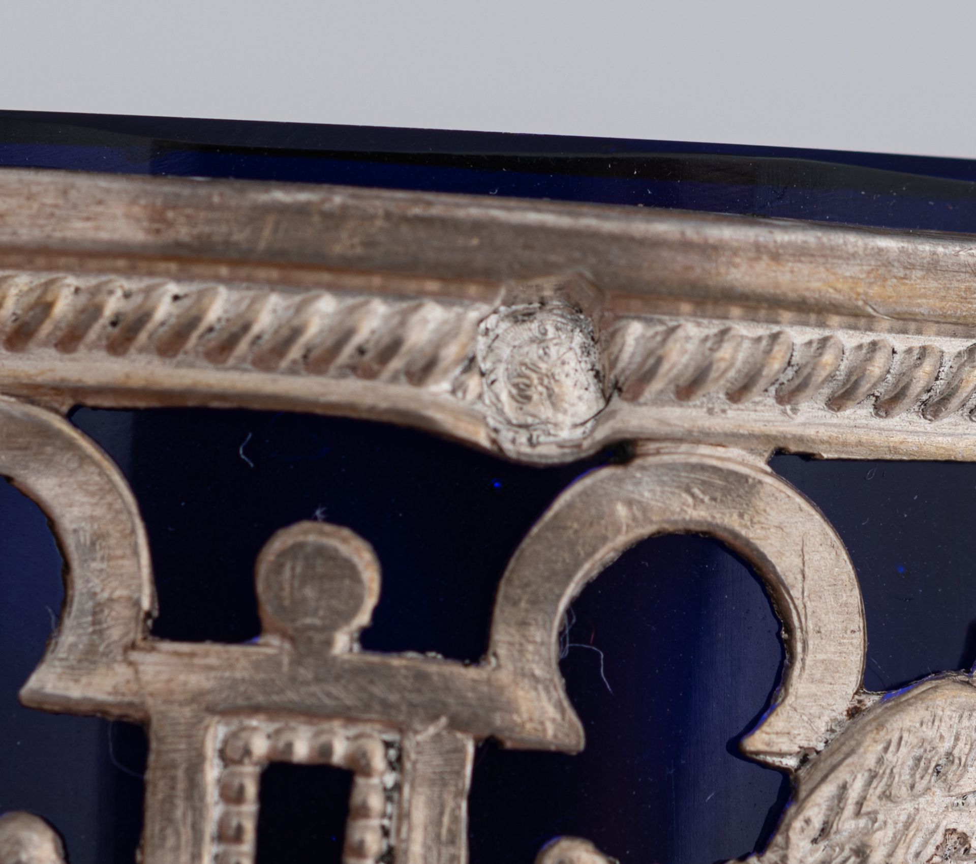 A set of eight Neoclassical silver salts with the blue glass liners and the matching spoons, French - Image 22 of 47