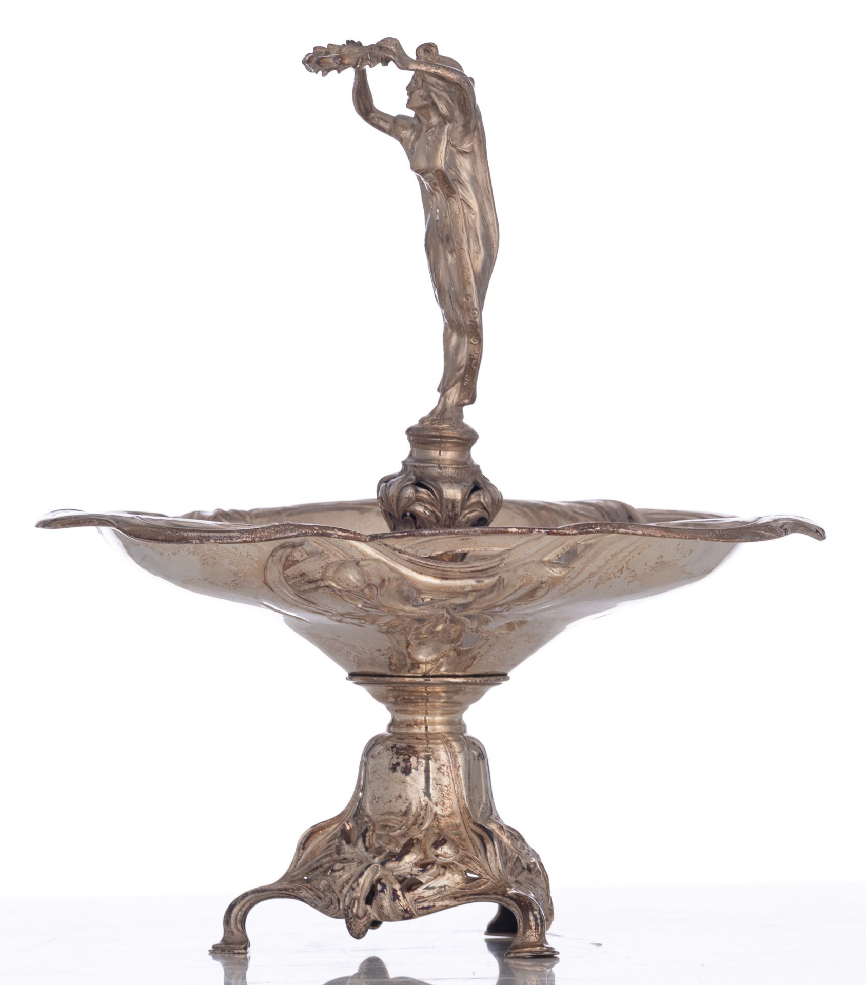 An Art Nouveau silver centrepiece, decorated with the lady in the centre holding a laurel wreath, Ge - Image 3 of 12