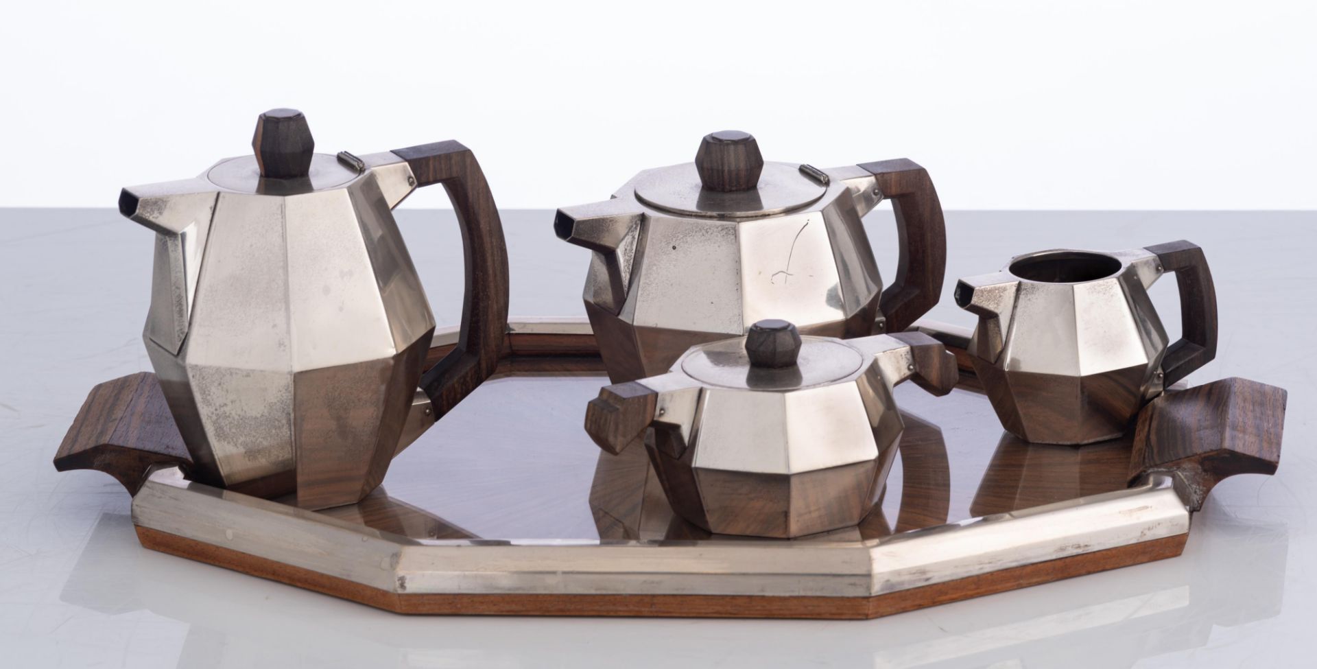 A silver Art Deco five-part coffee and tea set with rosewood handles, the octagonal rosewood veneere - Image 8 of 24