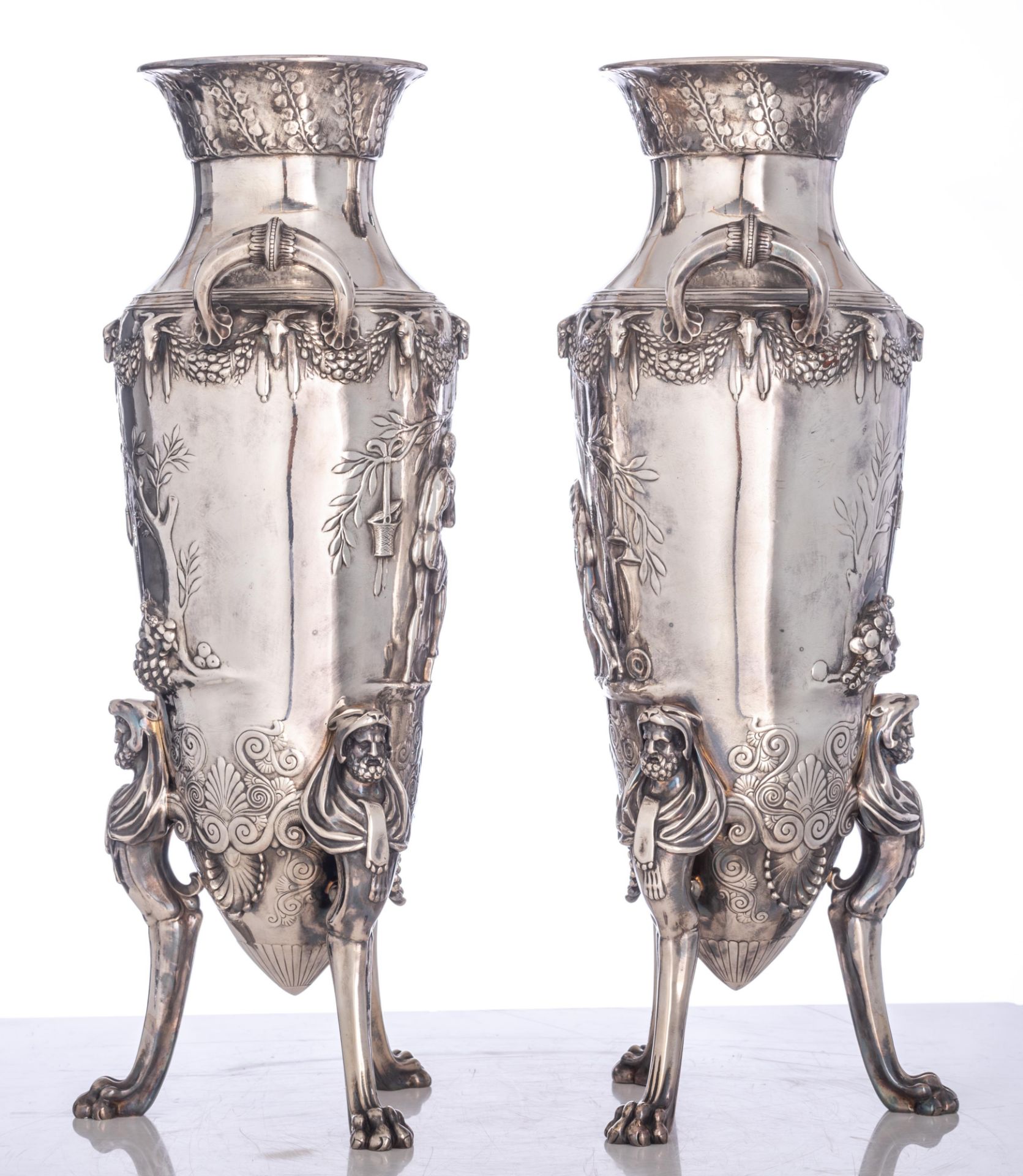 A pair of Greek-inspired silvered bronze amphora vases with classical-inspired decoration, F. Barbed - Image 2 of 14