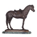 Cuvelier J., a saddled thoroughbred horse, patinated bronze on a vert de mer marble base, H 31,5 - 3