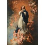 Unsigned, the Holy Mother on the crescent moon, surrounded by angels, 18th/19thC, oil on canvas, 89