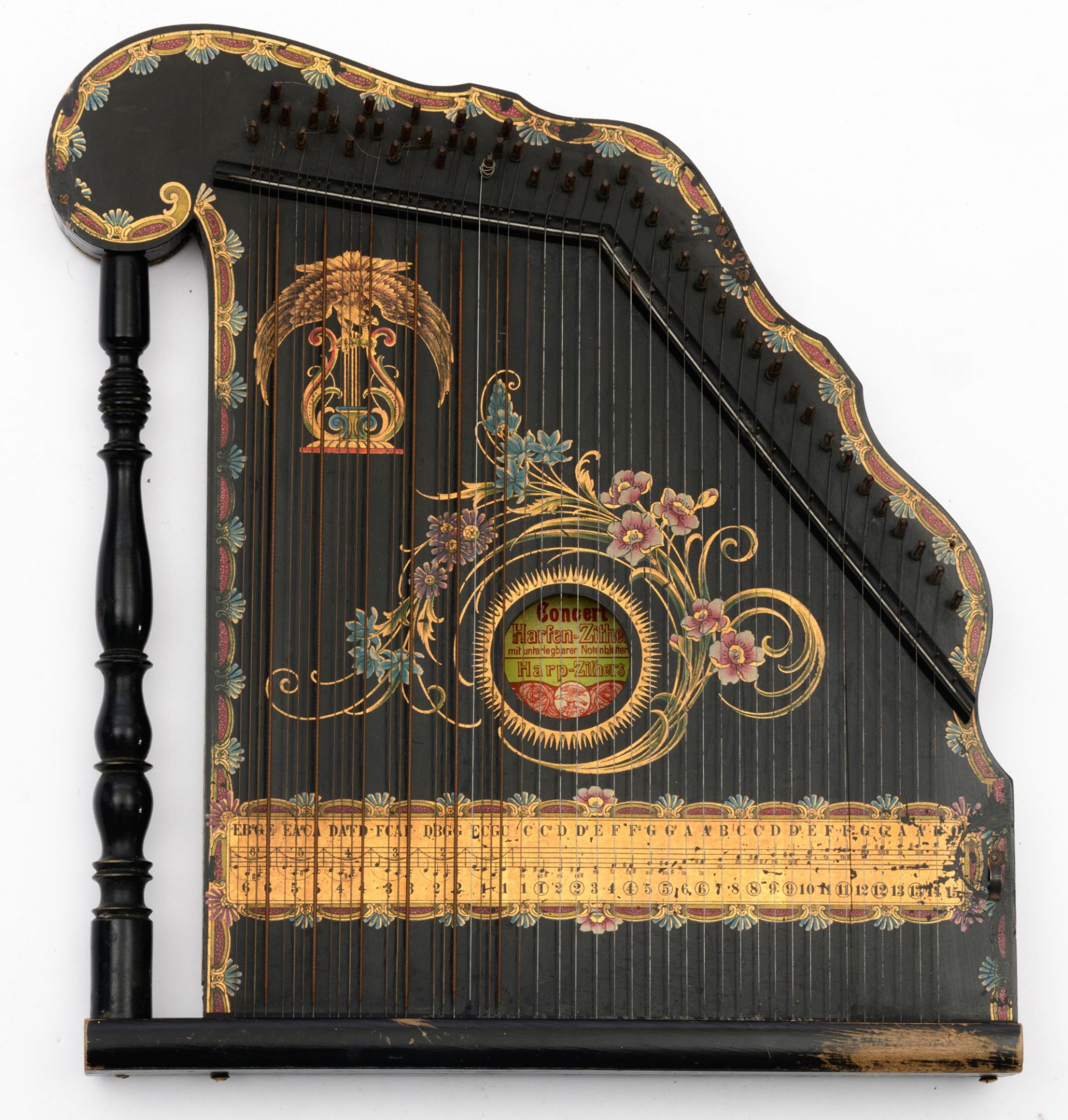 A belle ‚poque ebonised German 'harp-zither', decorated with a hand-painted eagle and Art Nouveau fl - Image 3 of 10