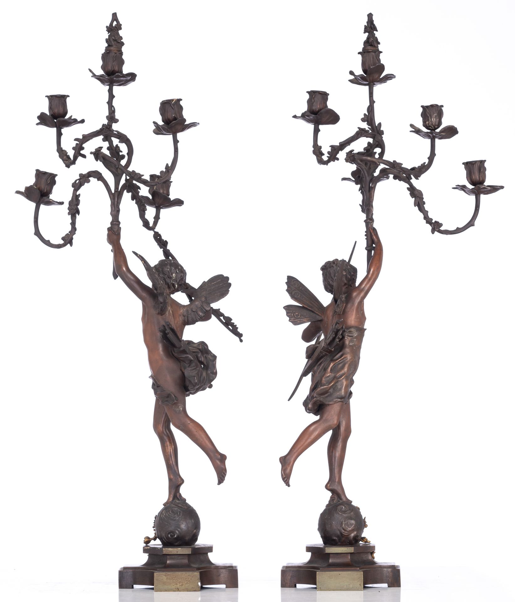 Rancoulet E., a pair of patinated bronze candelabras, titled 'La Nuit tout Repose' and 'Retour du Pr - Image 4 of 17