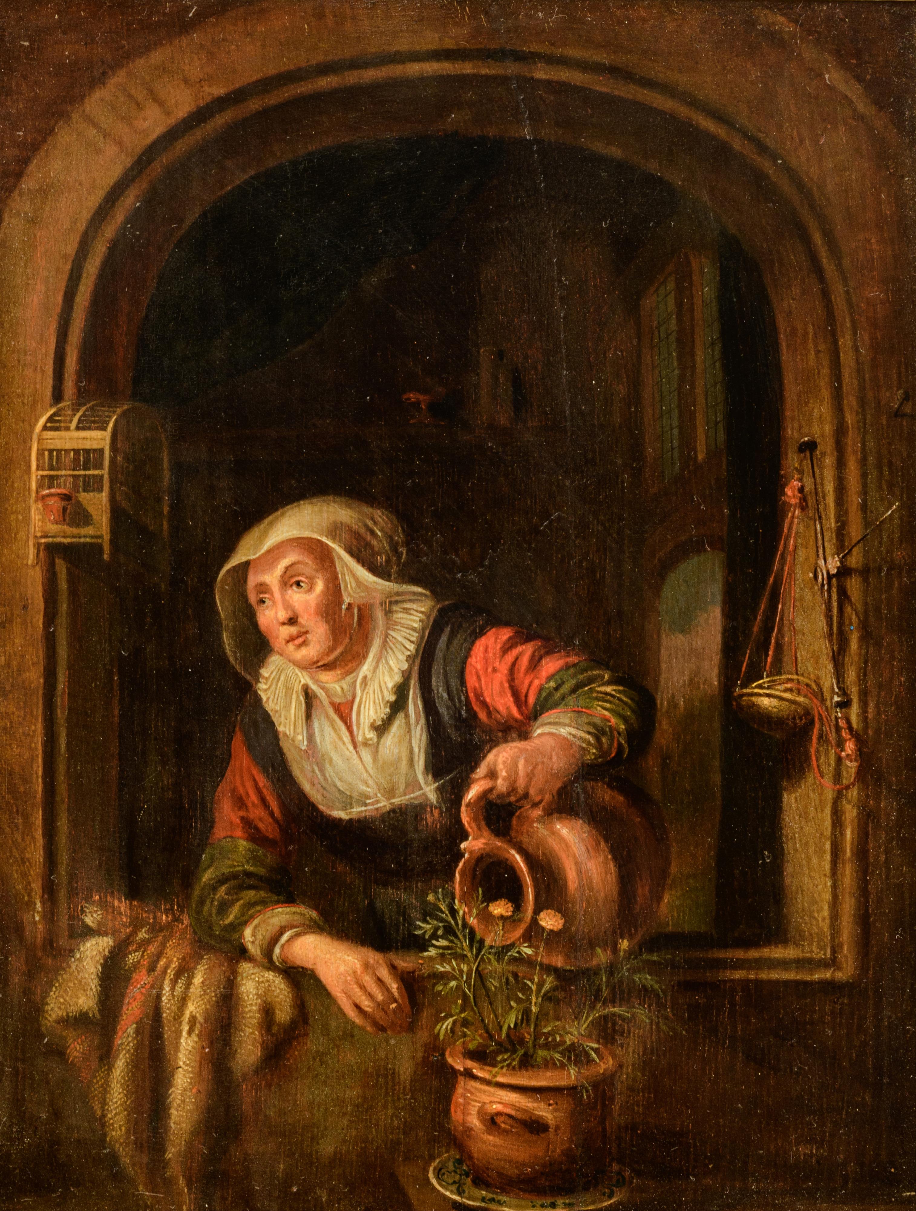 Unsigned (in the manner of Gerrit Dou),ÿthe maid watering the plant near the window, 17thC, the Nort