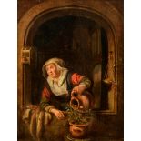 Unsigned (in the manner of Gerrit Dou),ÿthe maid watering the plant near the window, 17thC, the Nort