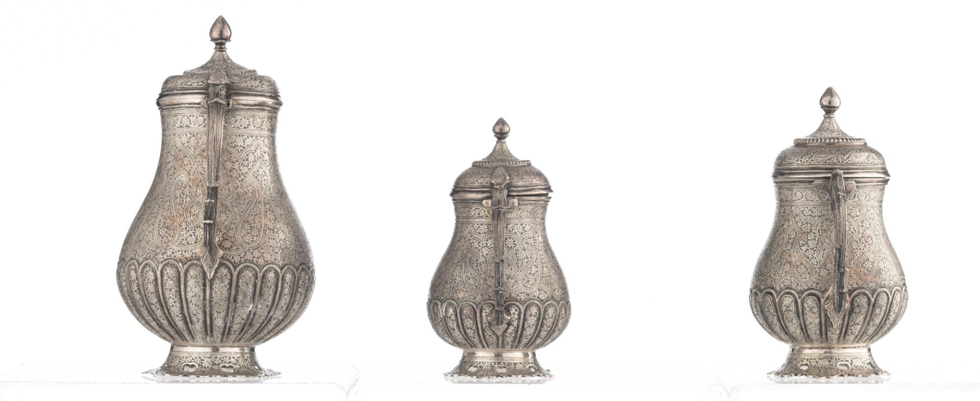 A Persian inspired horror vacui decorated tea set, no visible hallmarks but tested on silver purity, - Image 3 of 10