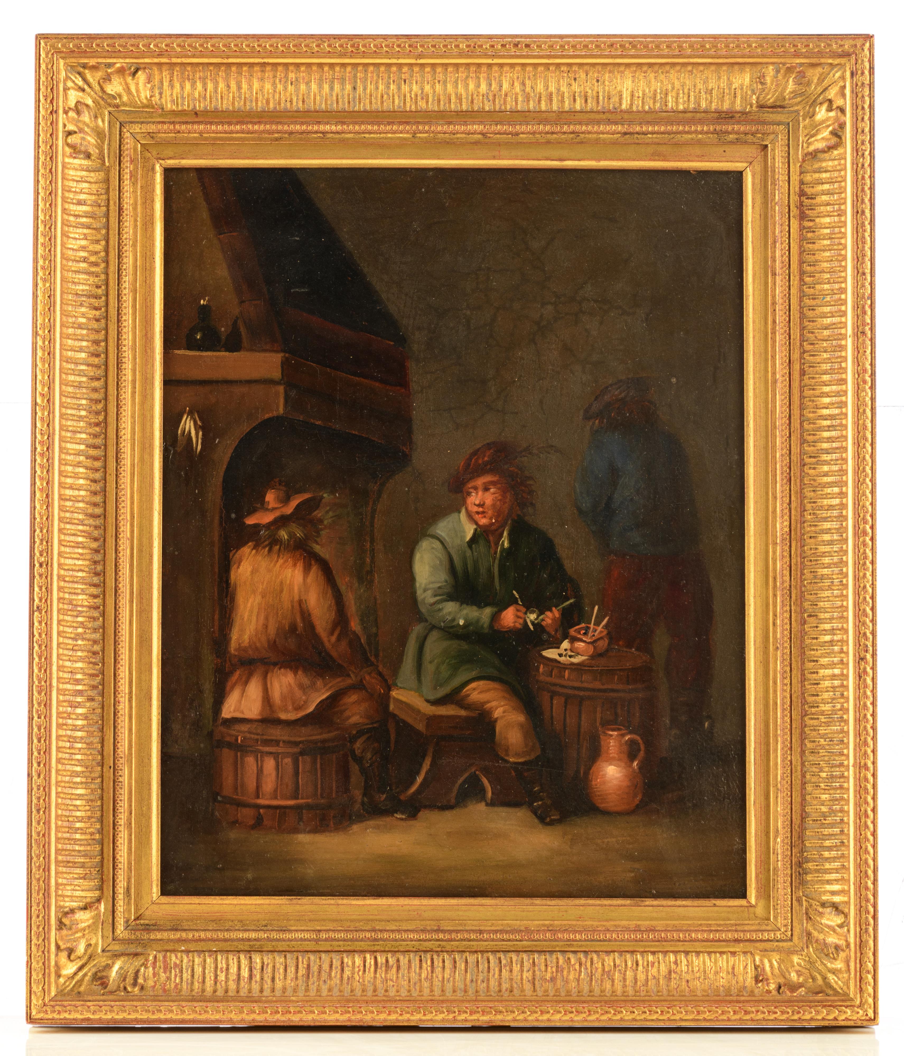 No visible signature, a genre painting in the manner of Teniers, 19thC, oil on canvas, 23 x 40 cm - Image 2 of 6