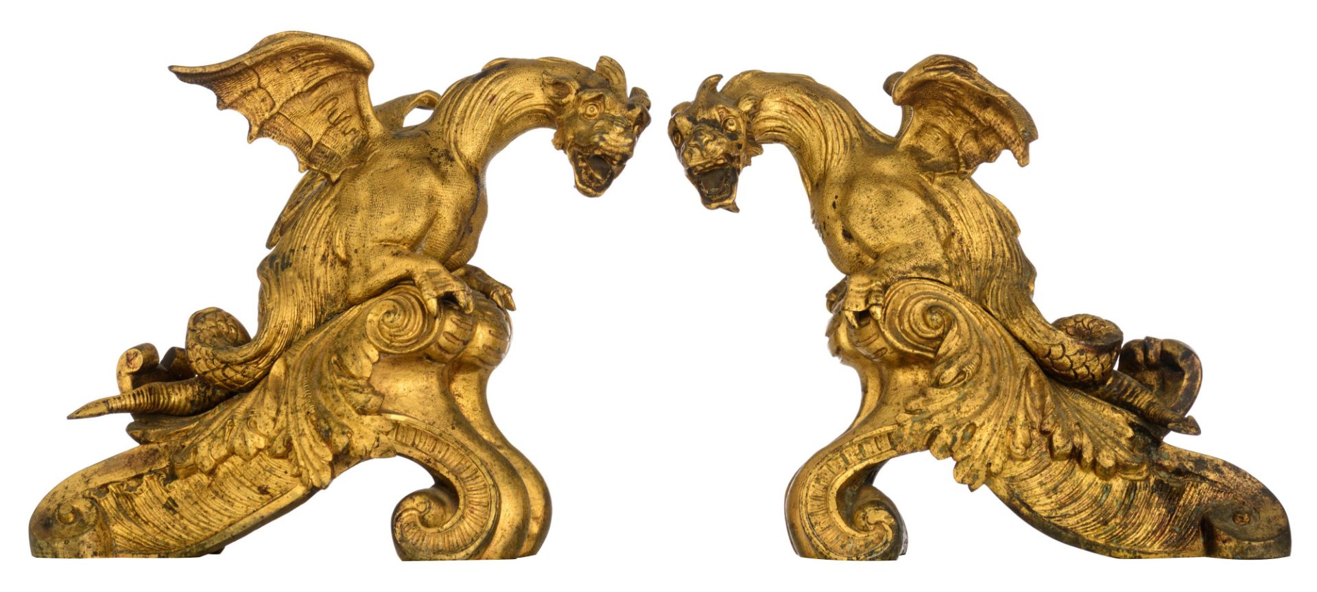 A pair of gilt bronze Louis XIV style andirons with dragons on top, H 20 cm. Added a pair of gilt br - Image 2 of 11